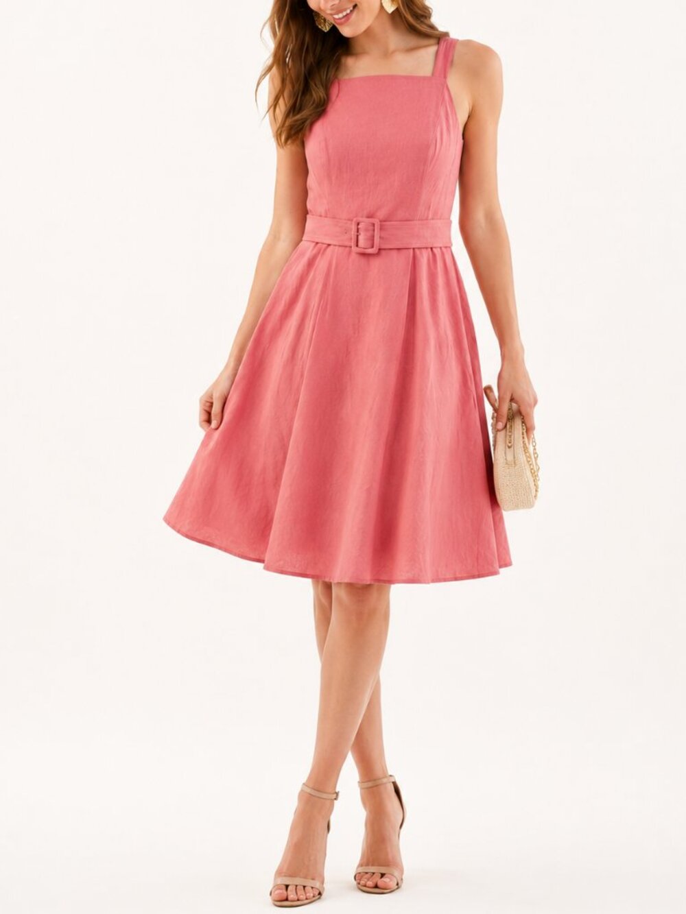 Gal Meets Glam Ruth Dress 6 Pink Linen Blend Belted Fit Flare Knee Dress